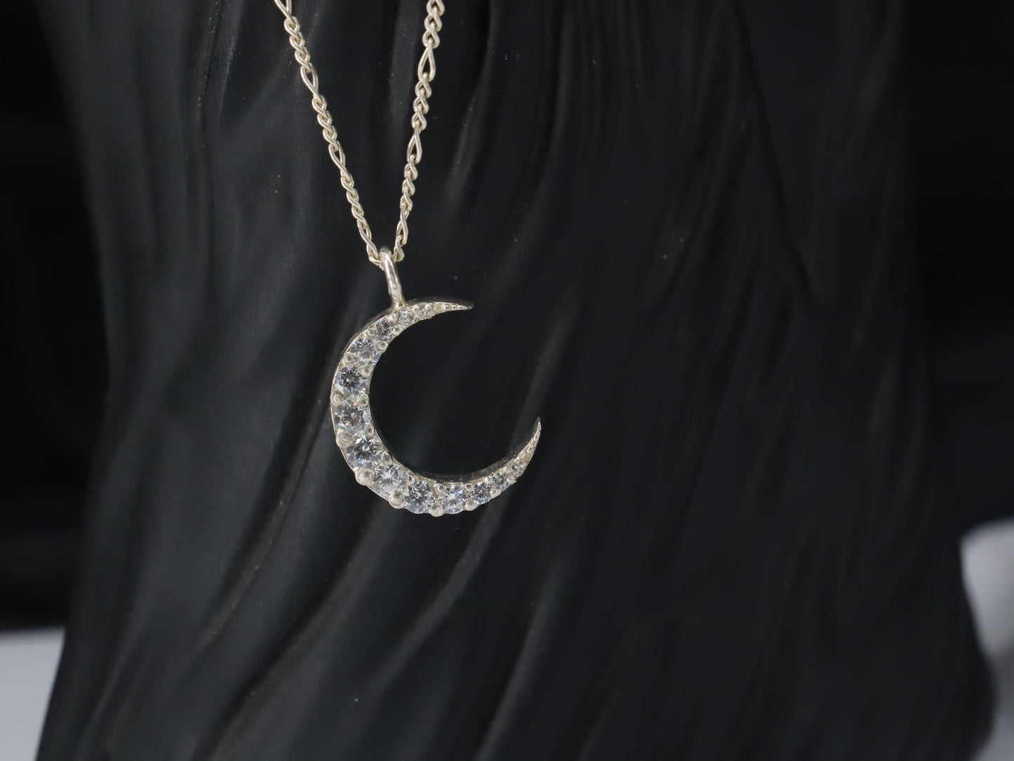Elegant Crescent Moon Silver Pendant with Sparkling Zircon Stones & Sterling Silver Chain