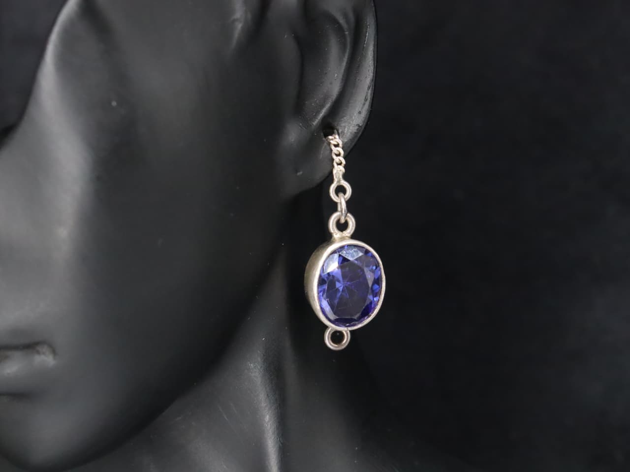 Silver Long Chain Earrings with Deep Blue Zircon Stones