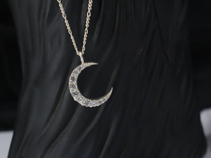 Elegant Crescent Moon Silver Pendant with Sparkling Zircon Stones & Sterling Silver Chain