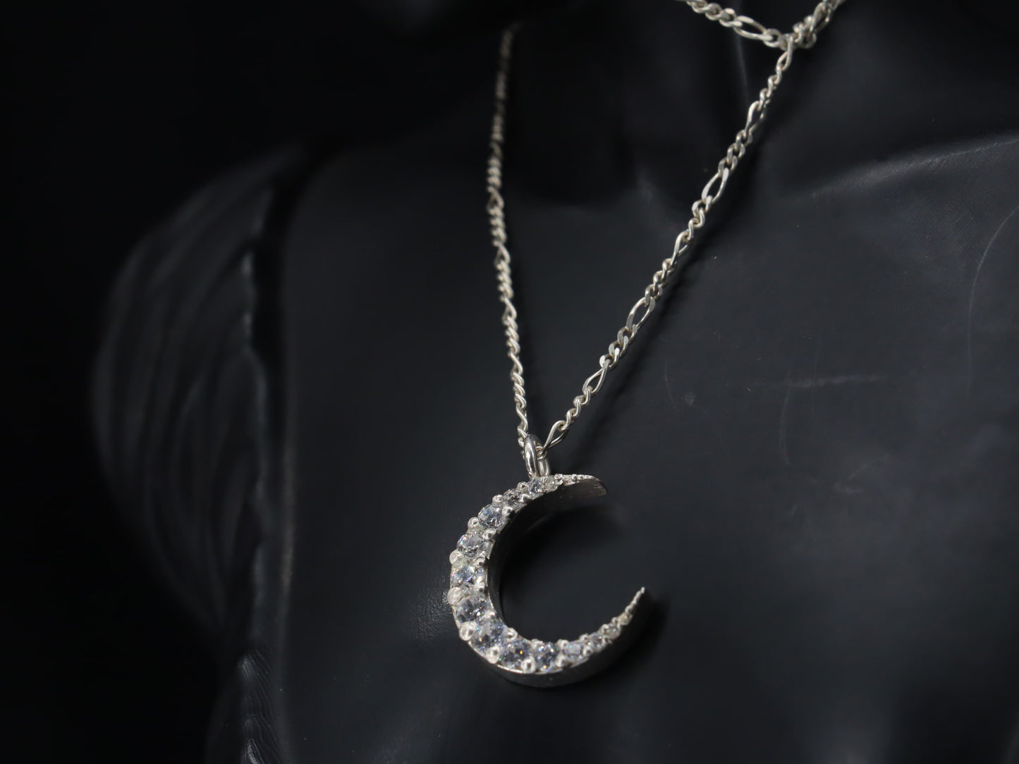 Elegant Crescent Moon Silver Pendant with Sparkling Zircon Stones & Sterling Silver Chain