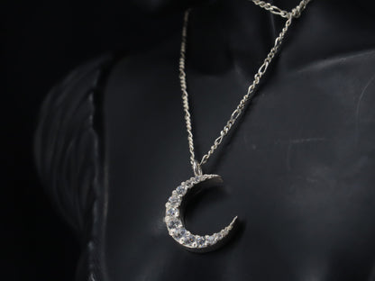 Elegant Crescent Moon Silver Pendant with Sparkling Zircon Stones & Sterling Silver Chain