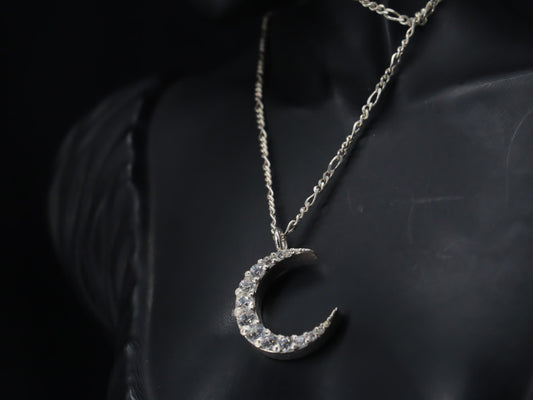 Elegant Crescent Moon Silver Pendant with Sparkling Zircon Stones & Sterling Silver Chain