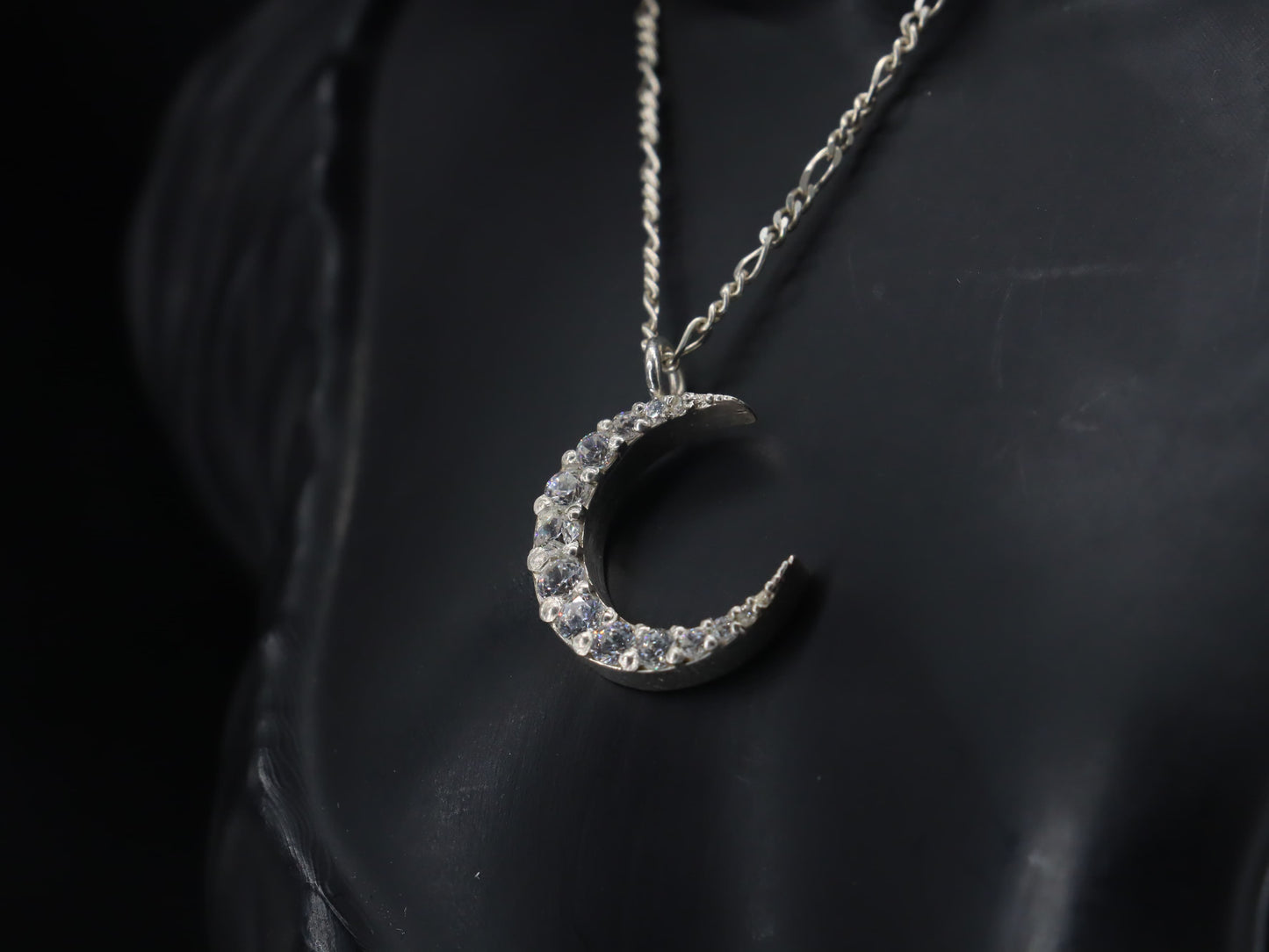 Elegant Crescent Moon Silver Pendant with Sparkling Zircon Stones & Sterling Silver Chain