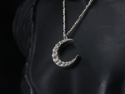 Elegant Crescent Moon Silver Pendant with Sparkling Zircon Stones & Sterling Silver Chain