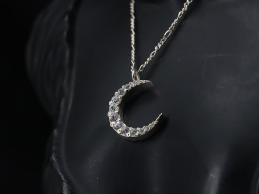 Elegant Crescent Moon Silver Pendant with Sparkling Zircon Stones & Sterling Silver Chain