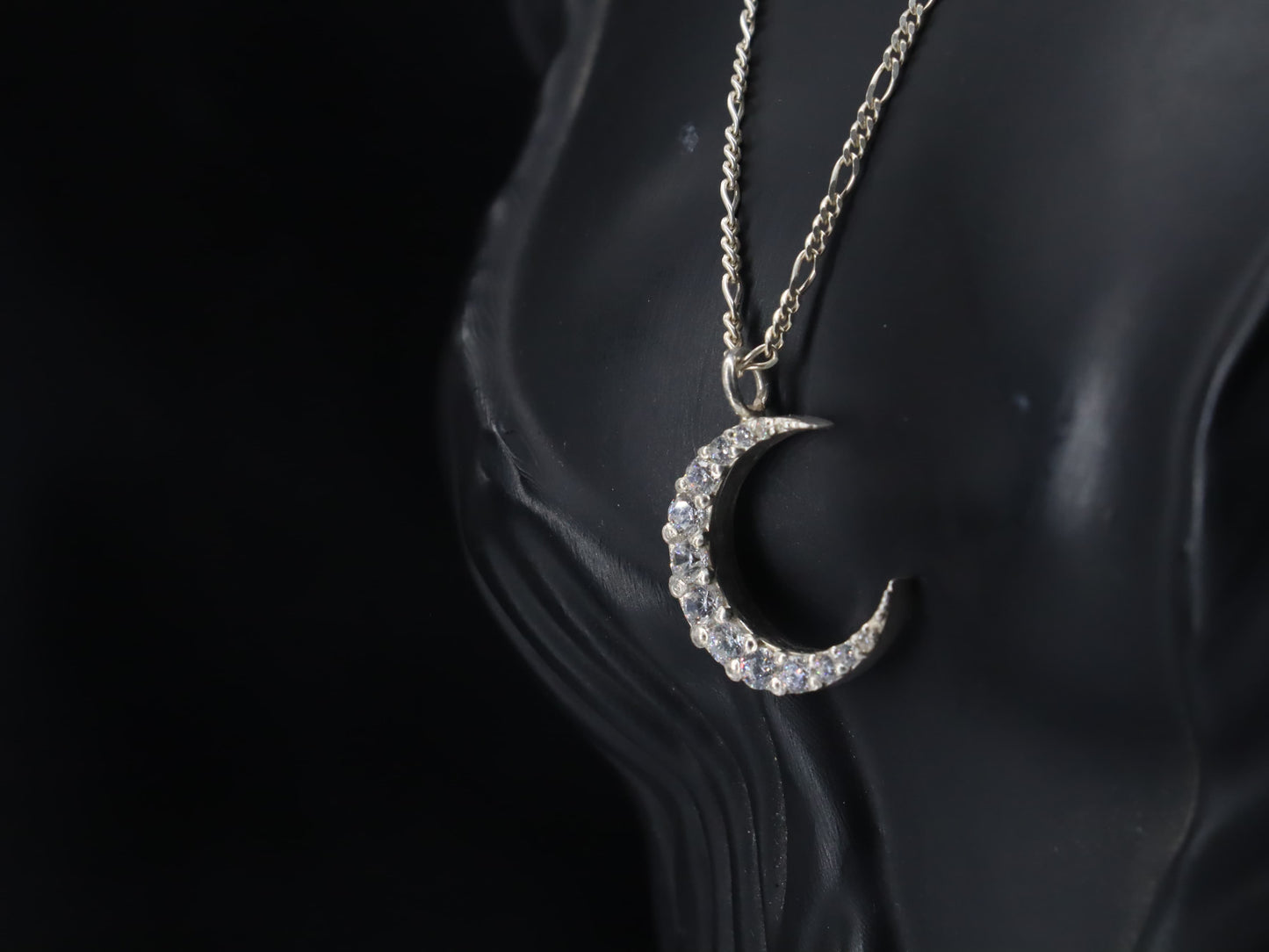 Elegant Crescent Moon Silver Pendant with Sparkling Zircon Stones & Sterling Silver Chain