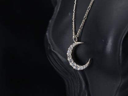 Elegant Crescent Moon Silver Pendant with Sparkling Zircon Stones & Sterling Silver Chain