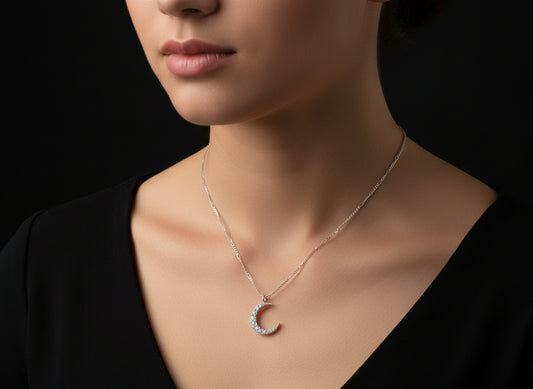 Elegant Crescent Moon Silver Pendant with Sparkling Zircon Stones & Sterling Silver Chain