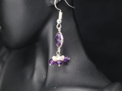 Elegant Amethyst & Pearl Hanging Earrings in Sterling Silver