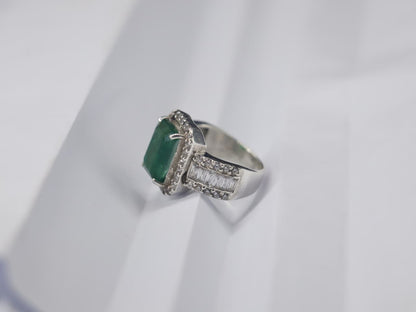 Natural Swat Emerald Ring in Silver with Zircon Accents