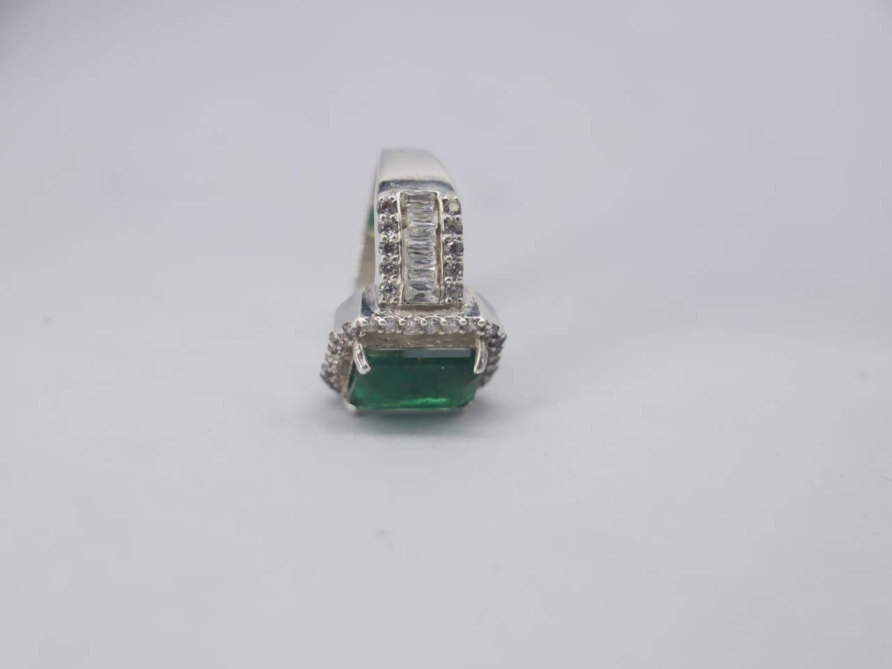 Natural Swat Emerald Ring in Silver with Zircon Accents