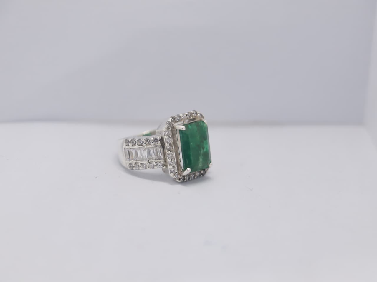 Natural Swat Emerald Ring in Silver with Zircon Accents