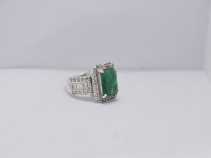 Natural Swat Emerald Ring in Silver with Zircon Accents