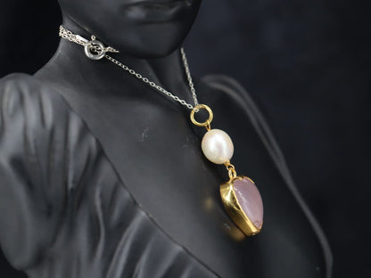 Rose Quartz Pendant with Pearl Extension – Gold Plated Silver