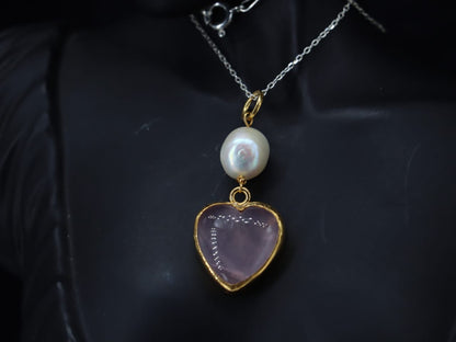 Rose Quartz Pendant with Pearl Extension – Gold Plated Silver