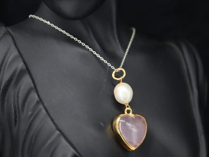 Rose Quartz Pendant with Pearl Extension – Gold Plated Silver