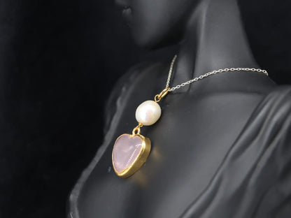 Rose Quartz Pendant with Pearl Extension – Gold Plated Silver