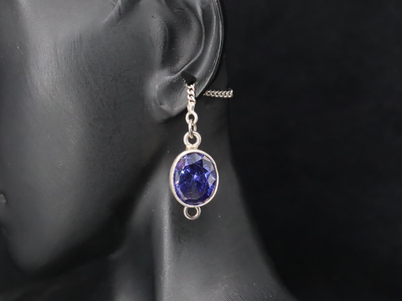 Silver Long Chain Earrings with Deep Blue Zircon Stones