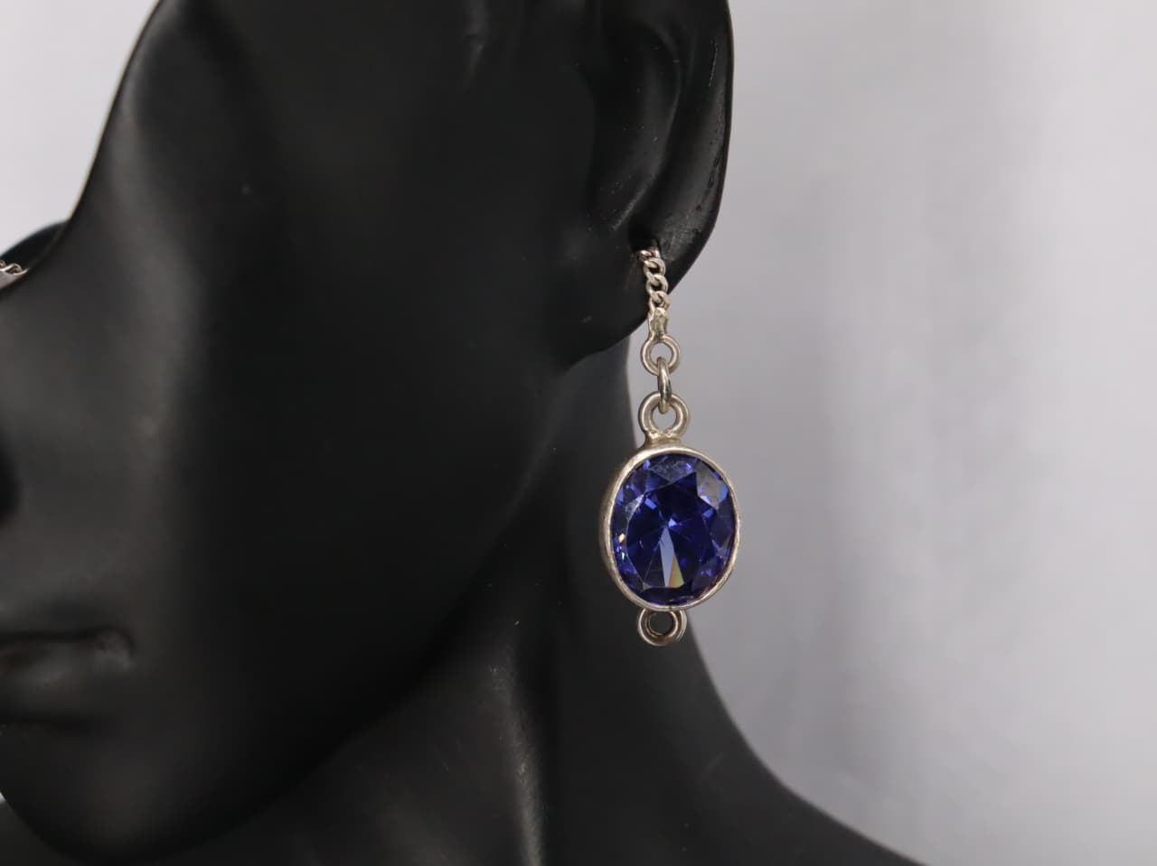 Silver Long Chain Earrings with Deep Blue Zircon Stones