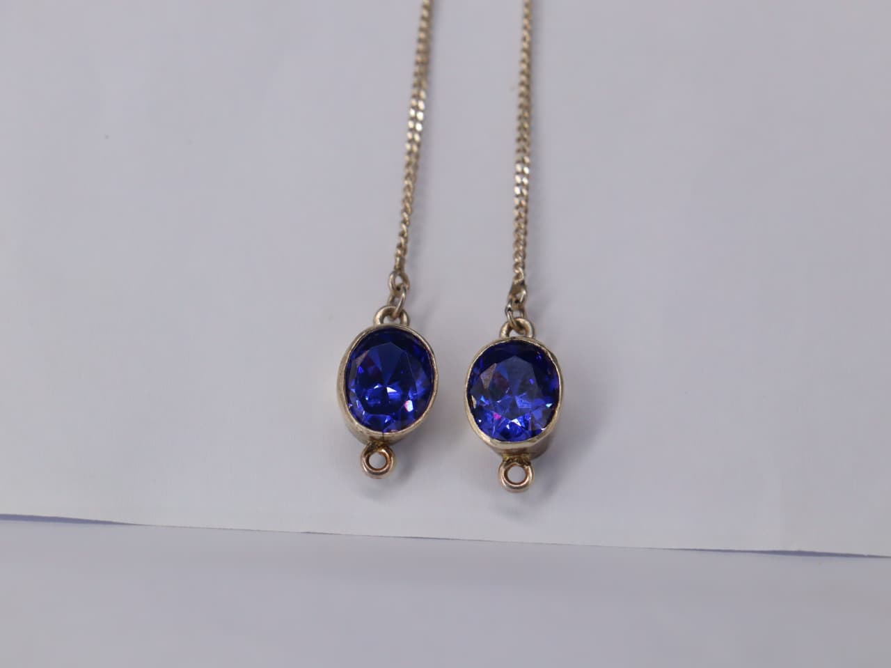 Silver Long Chain Earrings with Deep Blue Zircon Stones