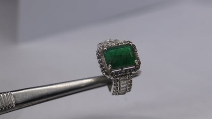Natural Swat Emerald Ring in Silver with Zircon Accents